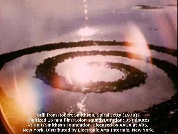 click to enlarge- double click to reduce Still from Robert Smithson, Spiral Jetty (1970)⠀
Digitized 16 mm film⠀
Color, sound⠀
Duration: 35 minutes
© Holt/Smithson Foundation, Licensed by VAGA at ARS, New York. Distributed by Electronic Arts Intermix, New York.