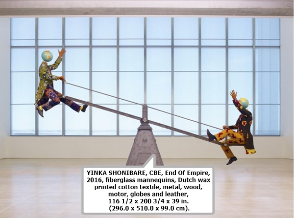 click to enlarge- double click to reduce YINKA SHONIBARE, CBE, End Of Empire, 2016, fiberglass mannequins, Dutch wax printed cotton textile, metal, wood, motor, globes and leather, 116 1/2 x 200 3/4 x 39 in. (296.0 x 510.0 x 99.0 cm)