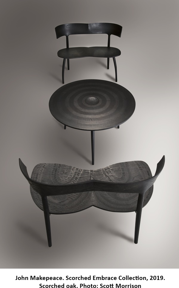 John Makepeace. Scorched Embrace Collection, 2019. Scorched oak. Photo: Scott Morrison