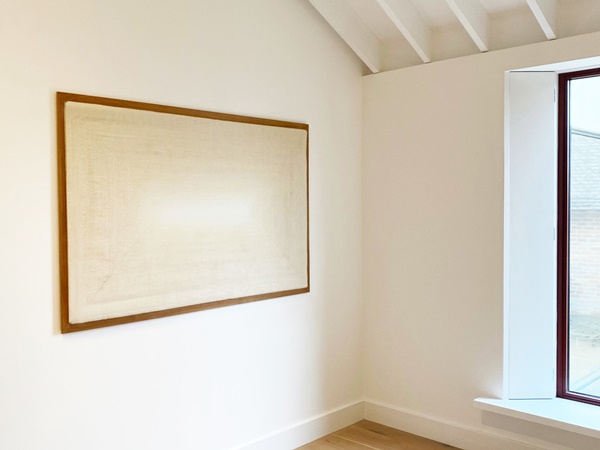 click to enlarge- double click to reduce Sophie Rowley, Infinity Window Khadi Fray No. 20, 2020. Cotton. 100 H x 160 W cm. £11,600 inc. VAT.