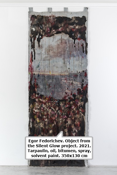 Egor Fedorichev. Object from the Silent Glow project. 2021. Tarpaulin, oil, bitumen, spray, solvent paint. 350x130 cm