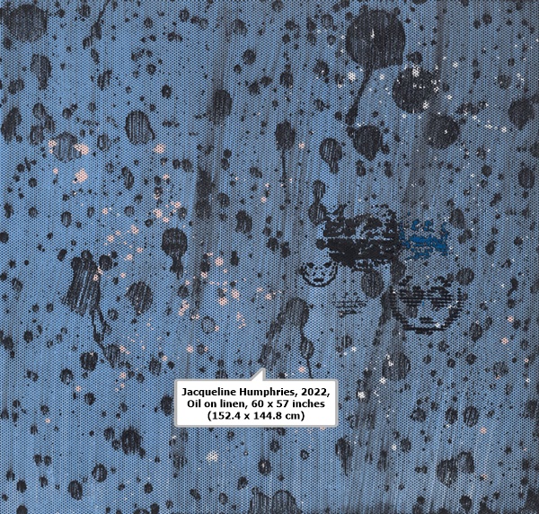 Jacqueline Humphries, 🙄😬🤐🥺, 2022, Oil on linen, 60 x 57 inches (152.4 x 144.8 cm)
