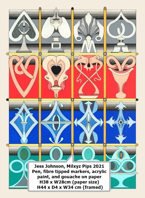 click to enlarge- double click to reduce Jess Johnson, Milxyz Pips
2021
Pen, fibre tipped markers, acrylic paint, and gouache on paper
H38 x W28cm (paper size) H44 x D4 x W34 cm (framed)