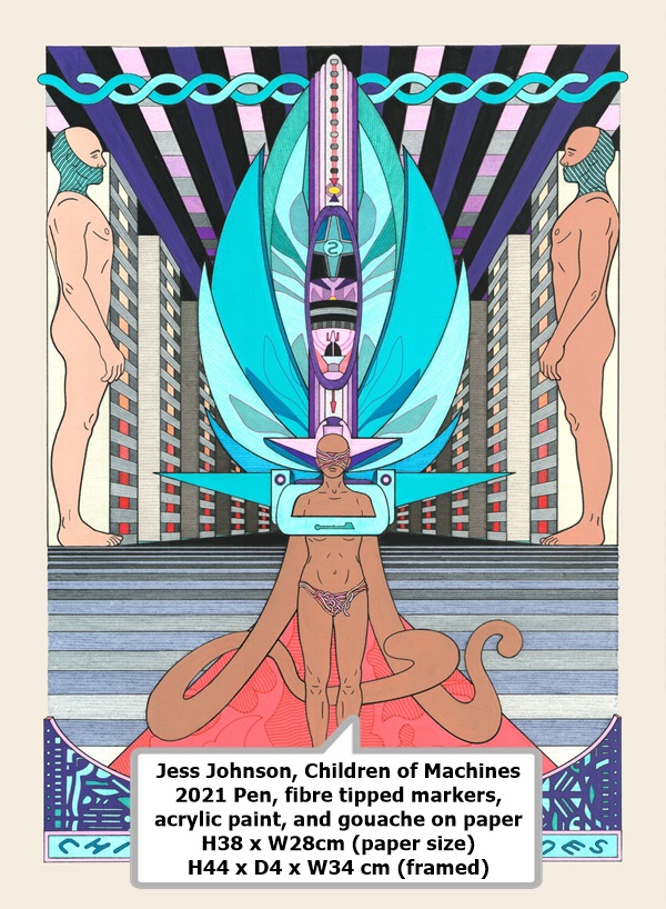 click to enlarge- double click to reduce Jess Johnson, Children of Machines
2021
Pen, fibre tipped markers, acrylic paint, and gouache on paper
H38 x W28cm (paper size) H44 x D4 x W34 cm (framed)