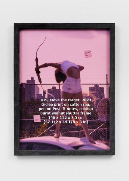 DIS
Move the target, 2023
Giclée print on cotton rag, pen on Post-It notes, custom burnt walnut shutter frame
146 x 112 x 7.5 cm (57 1/2 x 44 1/8 x 3 in)