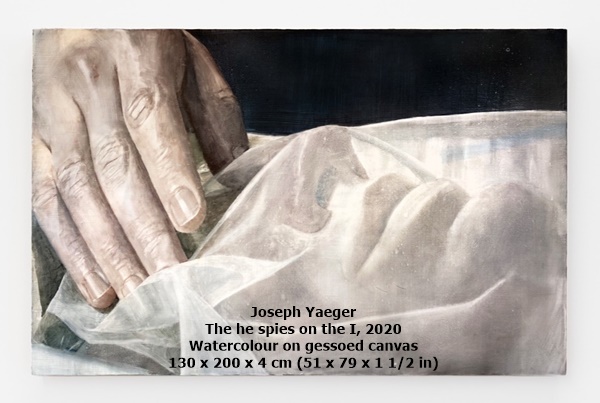 click to enlarge- double click to reduce Joseph Yaeger
The he spies on the I, 2020
Watercolour on gessoed canvas
130 x 200 x 4 cm (51 x 79 x 1 1/2 in)