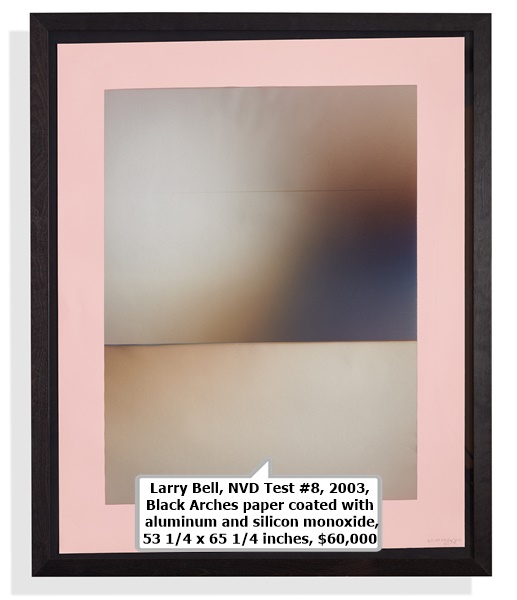 Larry Bell, NVD Test #8, 2003, Black Arches paper coated with aluminum and silicon monoxide, 53 1/4 x 65 1/4 inches, $60,000