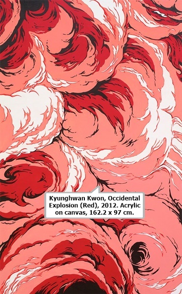 click to enlarge- double click to reduce Kyunghwan Kwon, Occidental Explosion (Red), 2012. Acrylic on canvas, 162.2 x 97 cm.