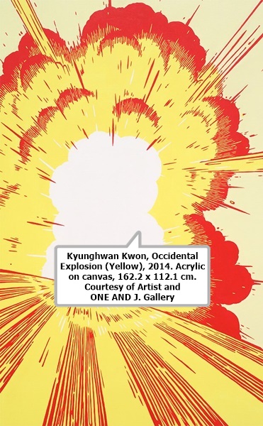 click to enlarge- double click to reduce Kyunghwan Kwon, Occidental Explosion (Yellow), 2014. Acrylic on canvas, 162.2 x 112.1 cm. Courtesy of Artist and ONE AND J. Gallery.