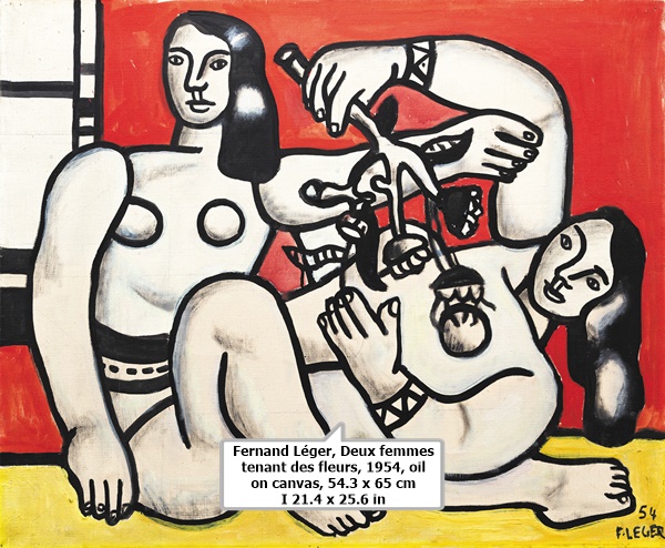 Fernand Léger, Deux femmes tenant des fleurs, 1954, oil on canvas, 54.3 x 65 cm I 21.4 x 25.6 in
