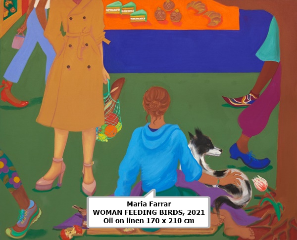 click to enlarge- double click to reduce Maria Farrar
WOMAN FEEDING BIRDS, 2021
Oil on linen
170 x 210 cm