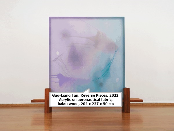 click to enlarge- double click to reduce Guo-Liang Tan, Reverse Pisces, 2022, Acrylic on aeronautical fabric, balau wood, 204 x 237 x 50 cm