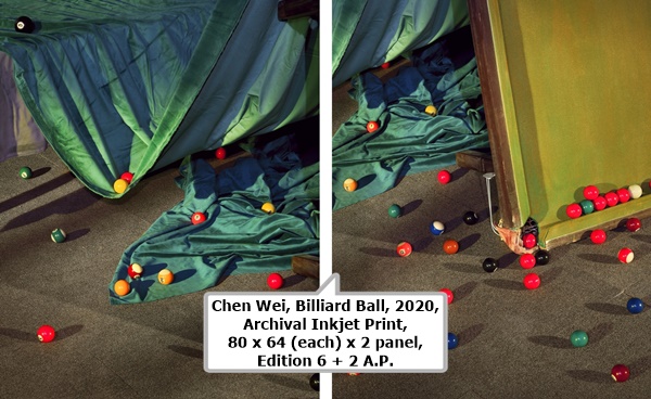 click to enlarge- double click to reduce Chen Wei, Billiard Ball, 2020, Archival Inkjet Print, 80 x 64 (each) x 2 panel, Edition 6 + 2 A.P.