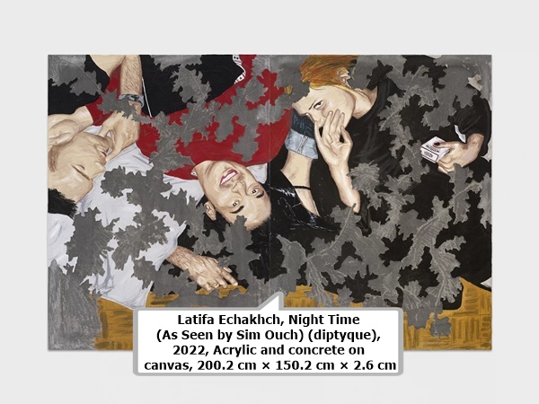click to enlarge- double click to reduce Latifa Echakhch, Night Time (As Seen by Sim Ouch) (diptyque), 2022, Acrylic and concrete on canvas, 200.2 cm × 150.2 cm × 2.6 cm (78-13/16 × 59-1/8 × 1) each panel 200.2 cm × 300.4 cm × 2.6 cm (78-13/16 × 9' 10-1/4 × 1) overall