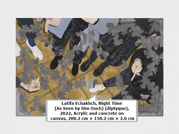 click to enlarge- double click to reduce Latifa Echakhch, Night Time (As Seen by Sim Ouch) (diptyque), 2022, Acrylic and concrete on canvas, 200.2 cm × 150.2 cm × 2.6 cm (78-13/16 × 59-1/8 × 1) each panel 200.2 cm × 300.4 cm × 2.6 cm (78-13/16 × 9' 10-1/4 × 1) overall