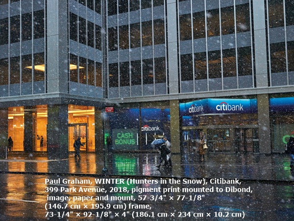 click to enlarge- double click to reduce Paul Graham, WINTER (Hunters in the Snow), Citibank, 399 Park Avenue, 2018, pigment print mounted to Dibond, image, paper and mount, 57-3/4 × 77-1/8 (146.7 cm × 195.9 cm) frame, 73-1/4 × 92-1/8 × 4 (186.1 cm × 234 cm × 10.2 cm)
