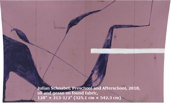click to enlarge- double click to reduce Julian Schnabel, Preschool and Afterschool, 2018, oil and gesso on found fabric, 128 × 213-1/2 (325.1 cm × 542.3 cm)