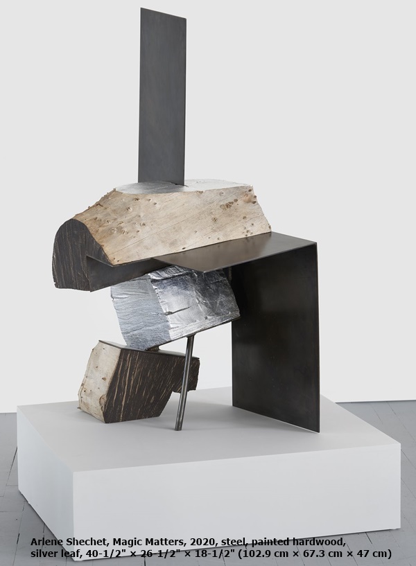 click to enlarge- double click to reduce Arlene Shechet, Magic Matters, 2020, steel, painted hardwood, silver leaf, 40-1/2 × 26-1/2 × 18-1/2 (102.9 cm × 67.3 cm × 47 cm)