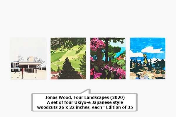 click to enlarge- double click to reduce Jonas Wood
Four Landscapes (2020)
A set of four Ukiyo-e Japanese style woodcuts
26 x 22 inches, each · Edition of 35