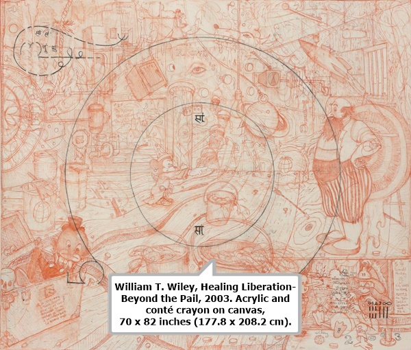 click to enlarge- double click to reduce William T. Wiley, Healing Liberation- Beyond the Pail, 2003. Acrylic and conté crayon on canvas, 70 x 82 inches (177.8 x 208.2 cm).
