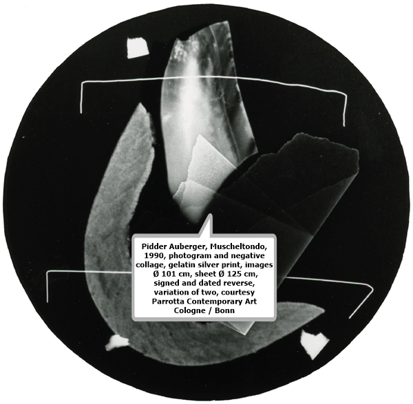 click to enlarge- double click to reduce Pidder Auberger, Muscheltondo, 1990, photogram and negative collage, gelatin silver print, images Ø 101 cm, sheet Ø 125 cm, signed and dated reverse, variation of two, courtesy Parrotta Contemporary Art Cologne / Bonn