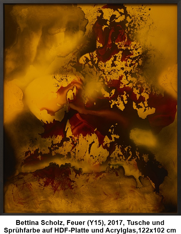 Bettina Scholz, Feuer (Y15), 2017, Tusche und Sprühfarbe auf HDF-Platte und Acrylglas, 122 x 102 cm