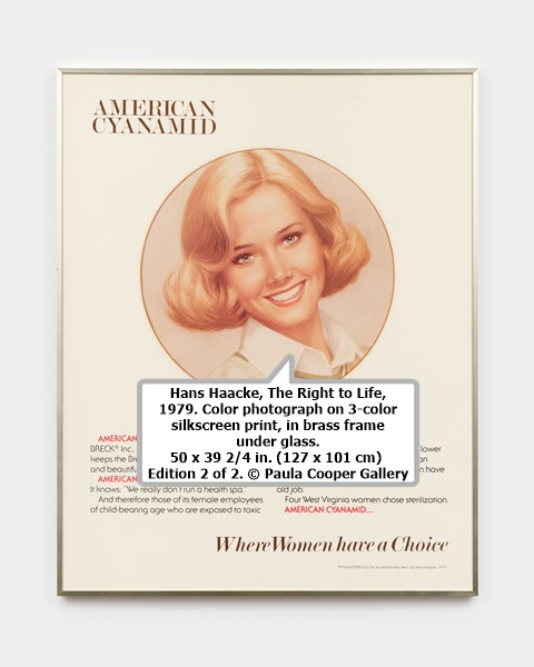 click to enlarge- double click to reduce Hans Haacke, The Right to Life, 1979. Color photograph on 3-color silkscreen print, in brass frame under glass.
50 x 39 2/4 in. (127 x 101 cm) Edition 2 of 2. © Paula Cooper Gallery