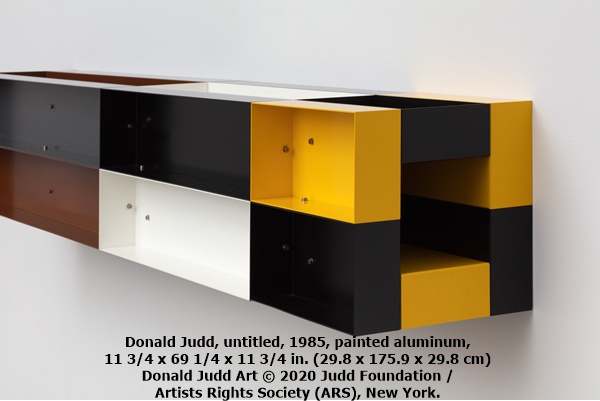 click to enlarge- double click to reduce Donald Judd, untitled, 1985, painted aluminum, 11 3/4 x 69 1/4 x 11 3/4 in. (29.8 x 175.9 x 29.8 cm)
Donald Judd Art © 2020 Judd Foundation / Artists Rights Society (ARS), New York.