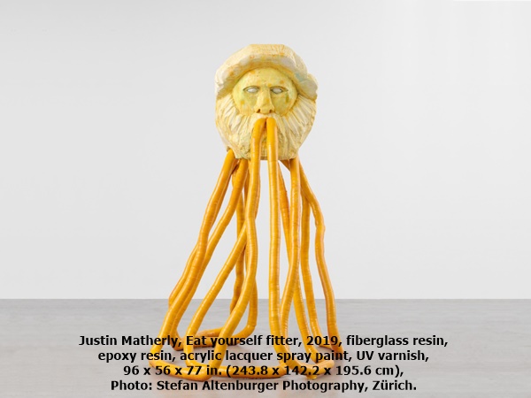 Justin Matherly, Eat yourself fitter, 2019, fiberglass resin, epoxy resin, acrylic lacquer spray paint, UV varnish, 96 x 56 x 77 in. (243.8 x 142.2 x 195.6 cm), Photo: Stefan Altenburger Photography, Zürich.
