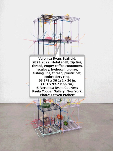 Veronica Ryan, Scaffold, 2021-2022. Metal shelf, zip ties, thread, empty coffee containers, sculpey, hydrocal, bronze, fishing line, thread, plastic net, embroidery ring. 63 3/8 x 36 1/2 x 26 in. (161 x 92.7 x 66 cm). © Veronica Ryan. Courtesy Paula Cooper Gallery, New York. Photo: Steven Probert