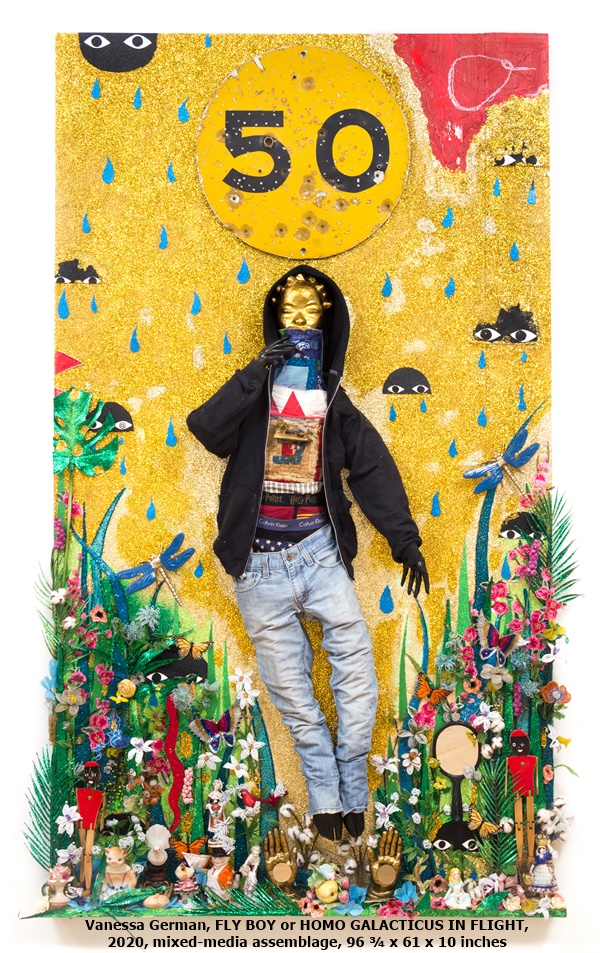 click to enlarge- double click to reduce Vanessa German, FLY BOY or HOMO GALACTICUS IN FLIGHT, 2020, mixed-media assemblage, 96 ¾ x 61 x 10 inches