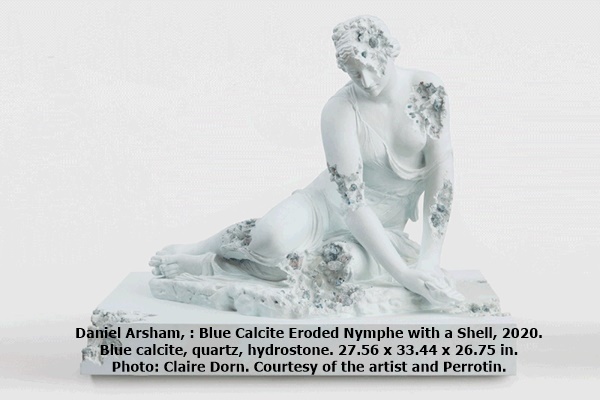 click to enlarge- double click to reduce Daniel Arsham, : Blue Calcite Eroded Nymphe with a Shell, 2020.
Blue calcite, quartz, hydrostone. 27.56 x 33.44 x 26.75 in.
Photo: Claire Dorn. Courtesy of the artist and Perrotin.