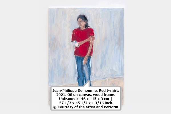 click to enlarge- double click to reduce Jean-Philippe Delhomme, Red t-shirt, 2021. Oil on canvas, wood frame. Unframed: 146 x 115 x 3 cm | 57 1/2 x 45 1/4 x 1 3/16 inch. © Courtesy of the artist and Perrotin