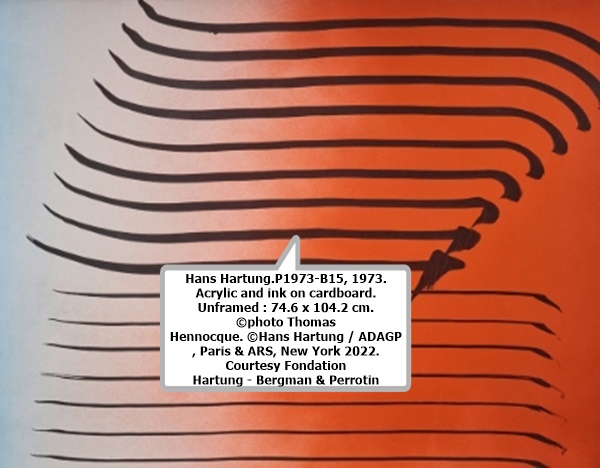 click to enlarge- double click to reduce Hans Hartung.P1973-B15, 1973. Acrylic and ink on cardboard. Unframed : 74.6 x 104.2 cm. ©photo Thomas
Hennocque. ©Hans Hartung / ADAGP, Paris & ARS, New York 2022. Courtesy Fondation
Hartung - Bergman & Perroti