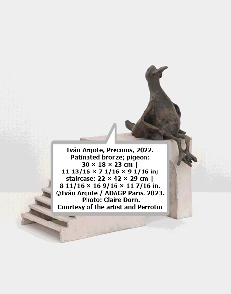 click to enlarge- double click to reduce Iván Argote, Precious, 2022. Patinated bronze; pigeon: 30 × 18 × 23 cm | 11 13/16 × 7 1/16 × 9 1/16 in; staircase: 22 × 42 × 29 cm | 8 11/16 × 16 9/16 × 11 7/16 in. ©Iván Argote / ADAGP Paris, 2023. Photo: Claire Dorn. Courtesy of the artist and Perrotin