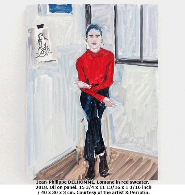 click to enlarge- double click to reduce Jean-Philippe DELHOMME, Lomane in red sweater, 2018. Oil on panel. 15 3/4 x 11 13/16 x 1 3/16 inch / 40 x 30 x 3 cm. Courtesy of the artist & Perrotin.