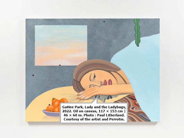 GaHee Park, Lady and the Ladybugs, 2022. Oil on canvas, 117 × 153 cm | 46 × 60 in. Photo : Paul Litherland. Courtesy of the artist and Perrotin.