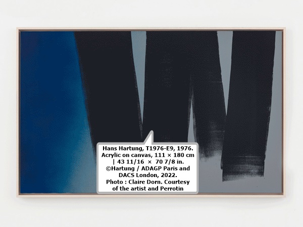 Hans Hartung, T1976-E9, 1976. Acrylic on canvas, 111 × 180 cm | 43 11/16  ×  70 7/8 in. ©Hartung / ADAGP Paris and DACS London, 2022. Photo : Claire Dorn. Courtesy of the artist and Perrotin