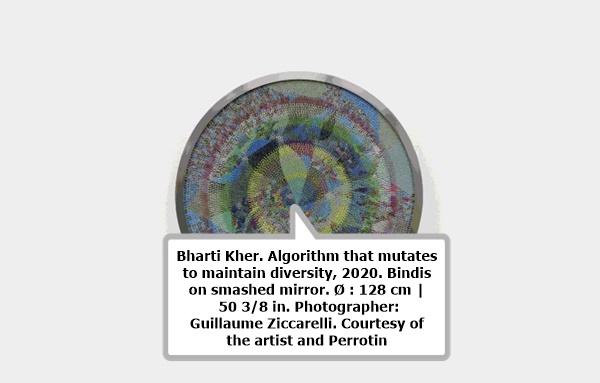 click to enlarge- double click to reduce Bharti Kher. Algorithm that mutates to maintain diversity, 2020. Bindis on smashed mirror. Ø : 128 cm | 50 3/8 in. Photographer: Guillaume Ziccarelli. Courtesy of the artist and Perrotin