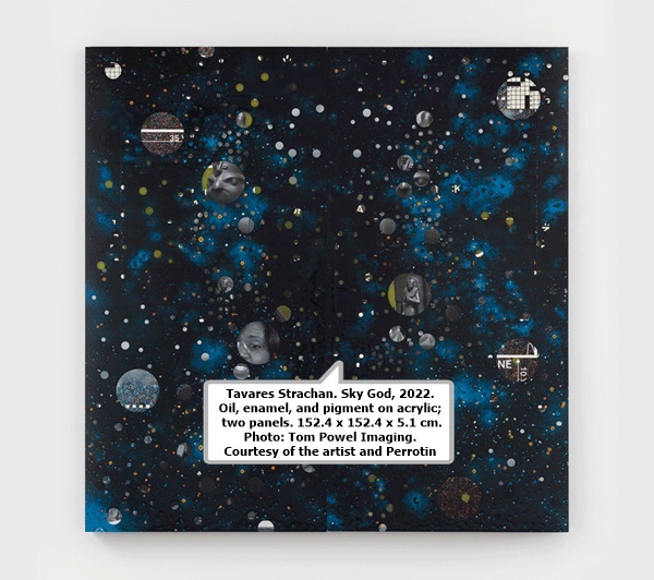 Tavares Strachan. Sky God, 2022. Oil, enamel, and pigment on acrylic; two panels. 152.4 x 152.4 x 5.1 cm. Photo: Tom Powel Imaging. Courtesy of the artist and Perrotin
