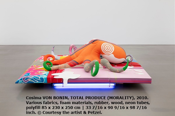 Cosima VON BONIN, TOTAL PRODUCE (MORALITY), 2010. Various fabrics, foam materials, rubber, wood, neon tubes, polyfill 85 x 230 x 250 cm | 33 7/16 x 90 9/16 x 98 7/16 inch. © Courtesy the artist & Petzel.