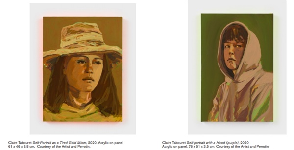 click to enlarge- double click to reduce Claire Tabouret (left) Self-Portrait as a Tired Gold Miner, 2020. Acrylic on panel
61 x 46 x 3.8 cm. Courtesy of the Artist and Perrotin. (right) Self-portrait with a Hood (purple), 2020
Acrylic on panel. 76 x 51 x 3.5 cm. Courtesy of the Artist and Perrotin.