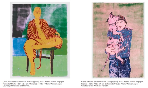click to enlarge- double click to reduce Claire Tabouret (left) Self-portrait in a Robe (green), 2020. Acrylic and ink on paper
Framed : 160.7 x 126.4 x 5.1 cm Unframed : 142 x 108 cm. Work on paper
Courtesy of the Artist and Perrotin.(right) Sel-portrait with George (pink), 2020. Acrylic and ink on paper
Framed : 127 x 77.2 x 5.1 cm Unframed : 112.5 x 76 cm. Work on paper
Courtesy of the Artist and Perrotin.