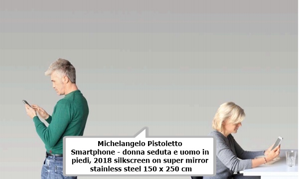 Michelangelo Pistoletto
Smartphone - donna seduta e uomo in piedi, 2018
silkscreen on super mirror stainless steel
150 x 250 cm