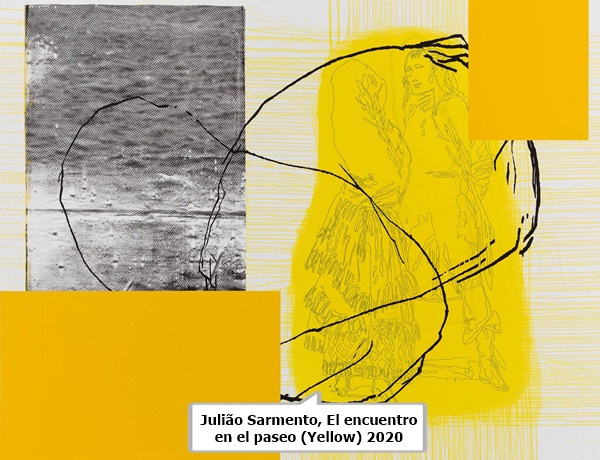 Julião Sarmento, El encuentro en el paseo (Yellow) 2020