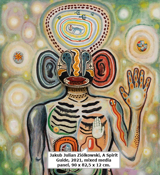 click to enlarge- double click to reduce Jakub Julian Ziółkowski, A Spirit Guide, 2021, mixed media panel, 90 x 82,5 x 12 cm.