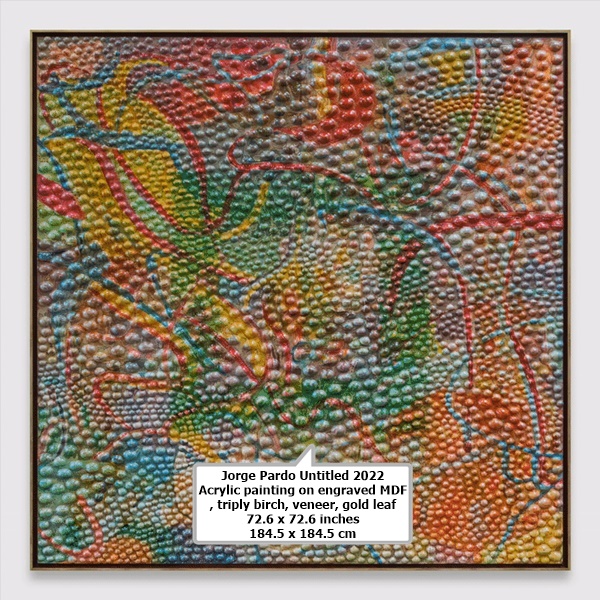 click to enlarge- double click to reduce Jorge Pardo Untitled 2022 Acrylic painting on engraved MDF, triply birch, veneer, gold leaf 72.6 x 72.6 inches 184.5 x 184.5 cm