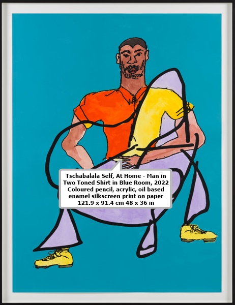 Tschabalala Self
At Home - Man in Two Toned Shirt in Blue Room, 2022
Coloured pencil, acrylic, oil based enamel silkscreen print on paper
121.9 x 91.4 cm
48 x 36 in