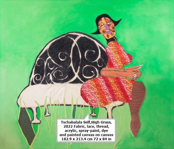 Tschabalala Self
High Grass, 2022
Fabric, lace, thread, acrylic, spray-paint, dye and painted canvas on canvas
182.9 x 213.4 cm
72 x 84 in