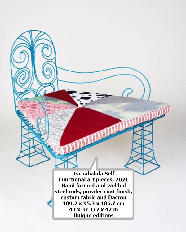 click to enlarge- double click to reduce Tschabalala Self
Functional art pieces, 2021
Hand formed and welded steel rods, powder coat finish; custom fabric and Dacron
109.2 x 95.3 x 106.7 cm
43 x 37 1/2 x 42 in
Unique editions